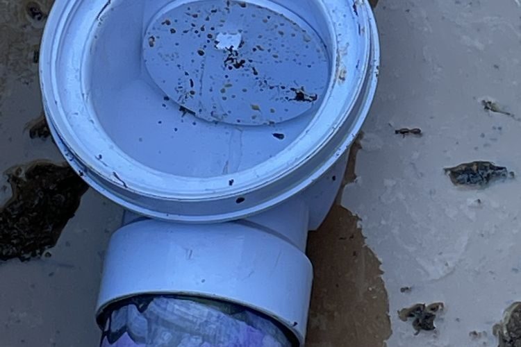 White PVC backwater valve with its cover open