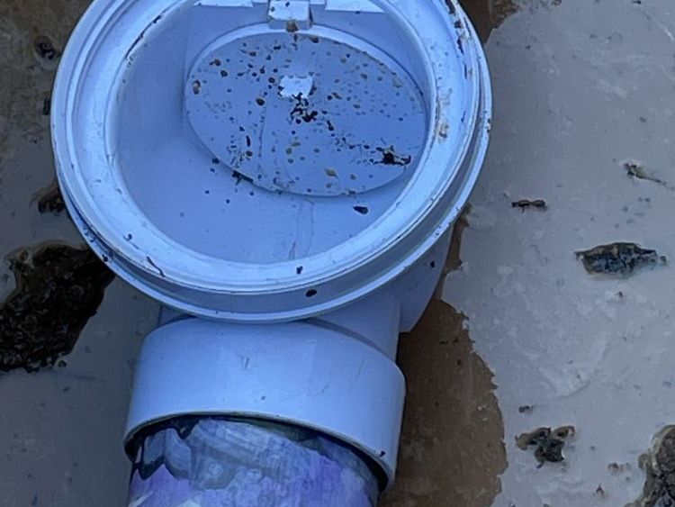 White PVC backwater valve with its cover open