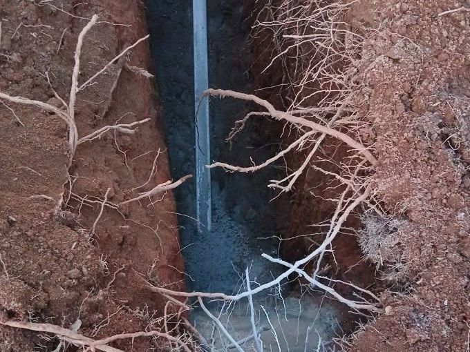 Narrow trench with a gray pipe and white tree roots
