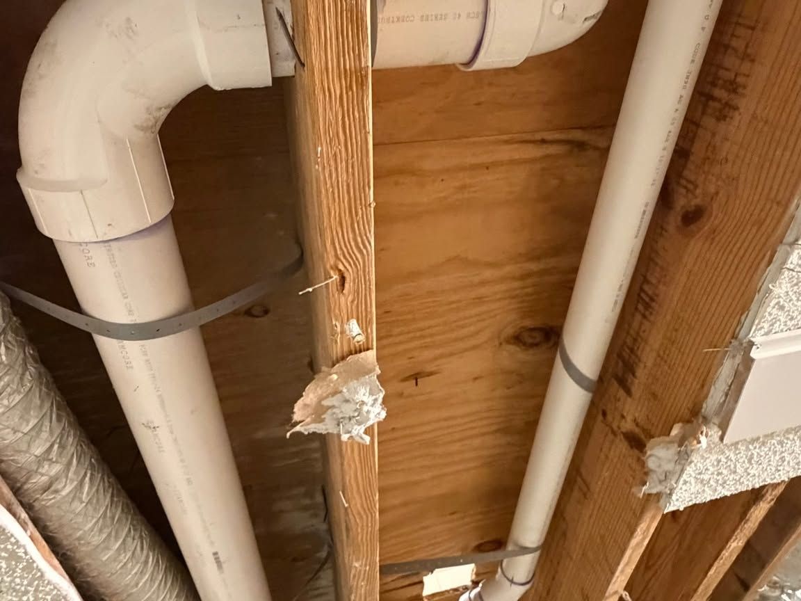 PVC drain pipes and a trap under floor joists